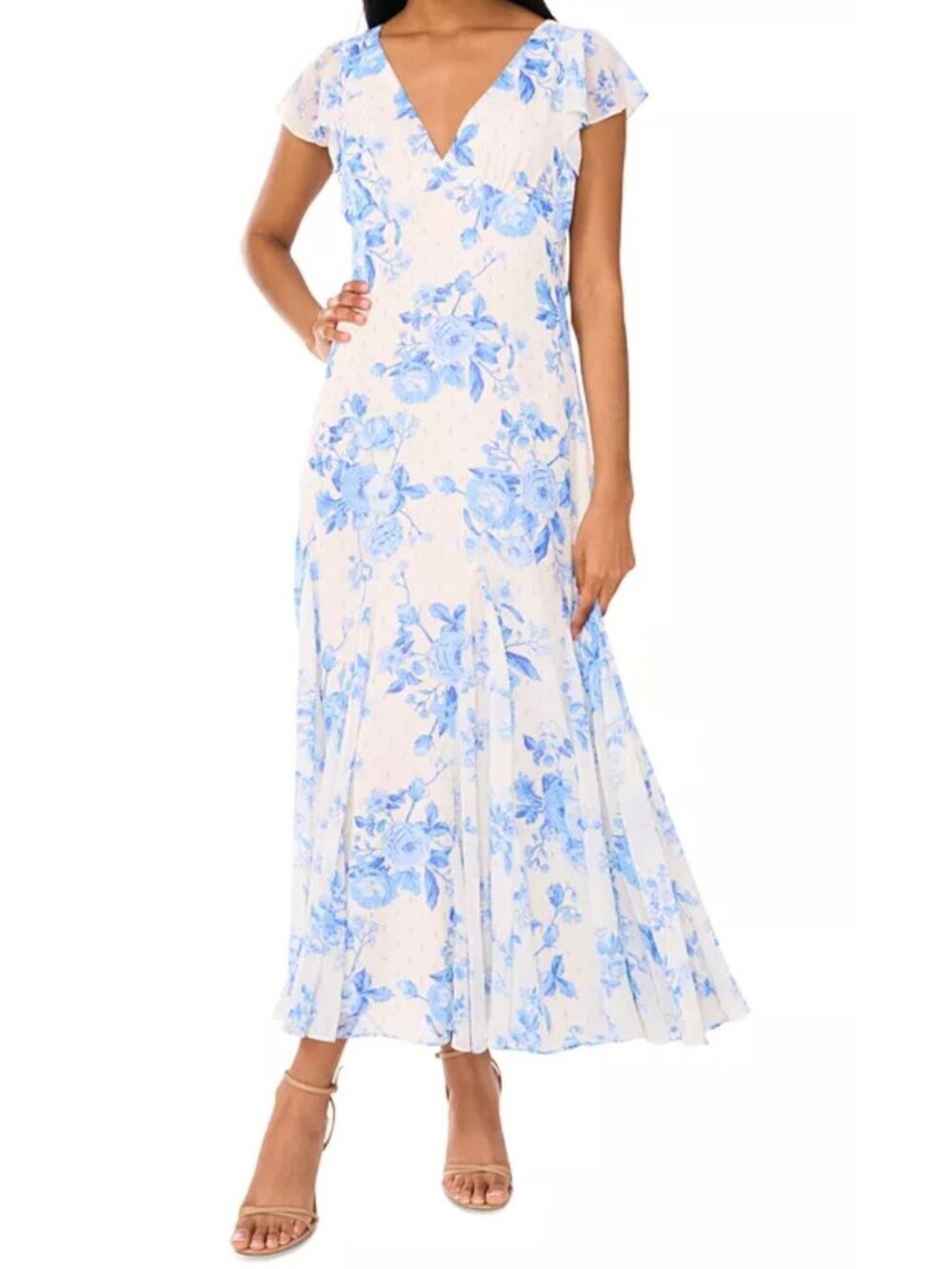 NWT CeCe Blue Air Chiffon Maxi Dress Flutter Sleeve Size 10 MSRP $119